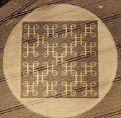 Crop Circle: The mysterious pattern resembles the ancient Tibetan Buddhist symbol of an 'endless knot' - a complex loop of lines and circles used to illustrate the eternal flow of time. The symbol has many meanings but because it has no beginning and no end many people who follow the religion say it represents the wisdom of Buddha